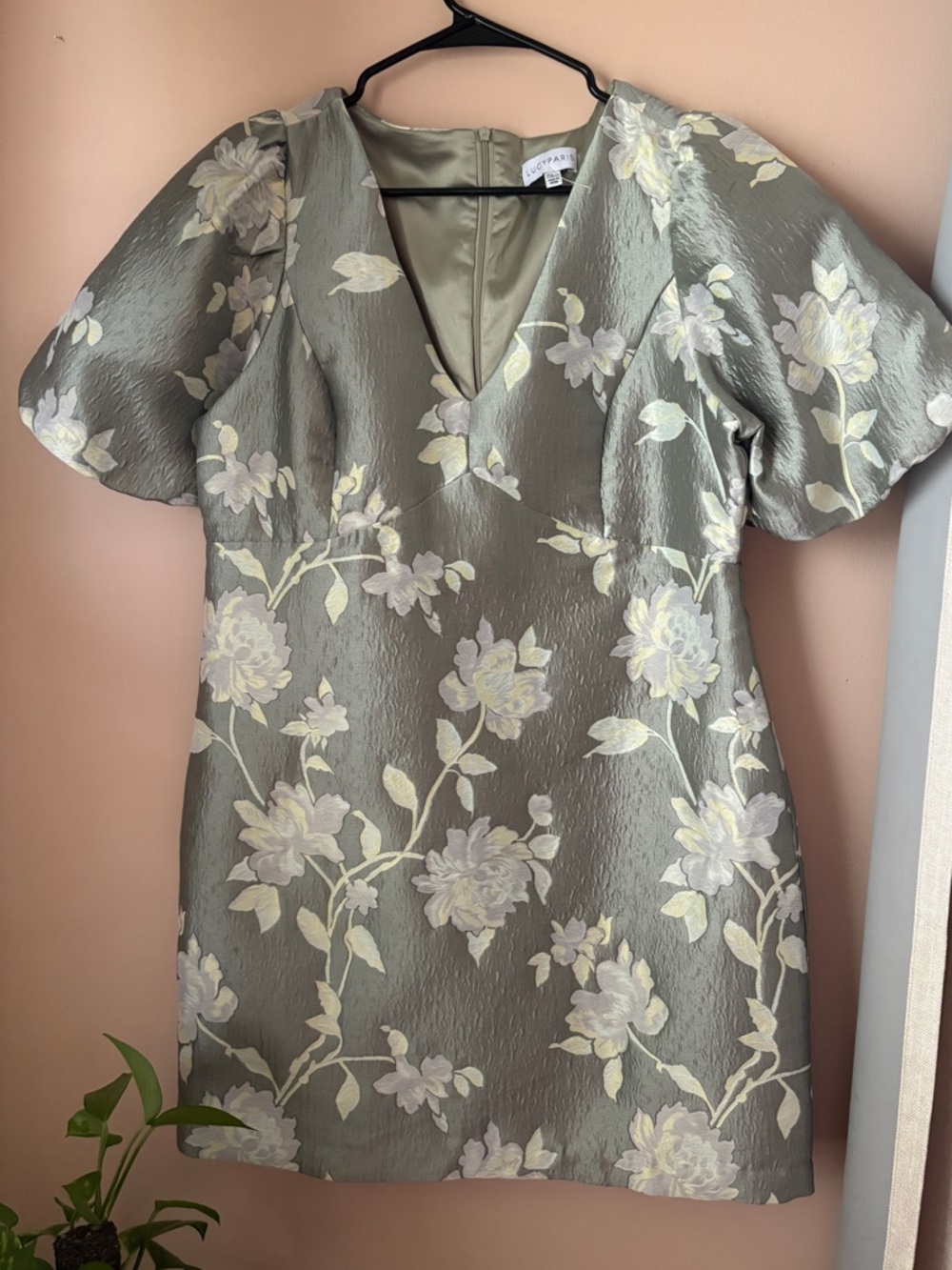 Lucy Paris Floral Mini Dress Sage Green Puff Sleeve Boutique Abilene Size Large